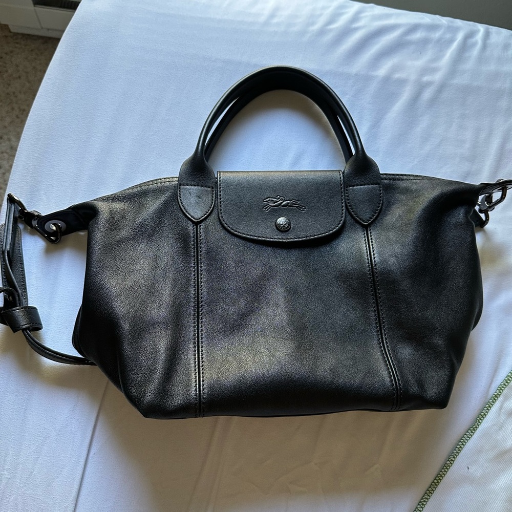 Black Leather Longchamp Le Pliage Cuir - Small